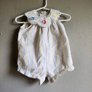 3-6 Vtg Baby Girl Romper Embroidered Peter Pan Collar Floral Rainbow Stripe
